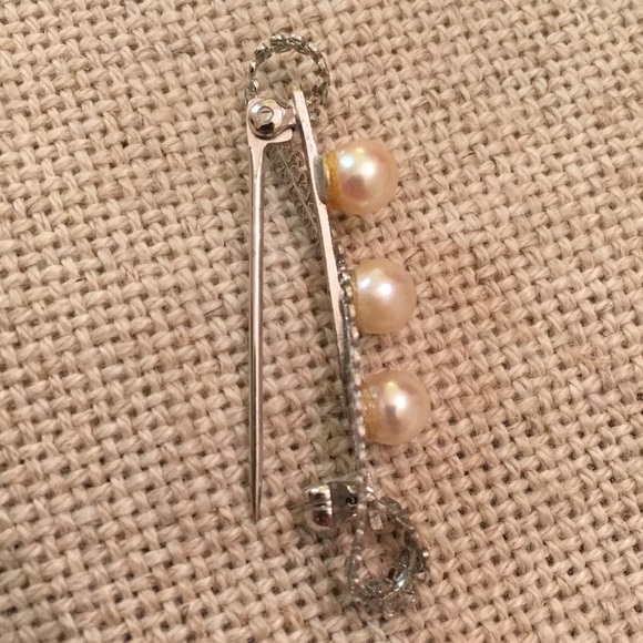 Vintage Real Pearl Pin Filigree Bar Pin Silver-tone - Picture 4 of 16